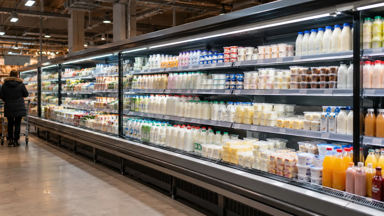 Ряд холодильных витрин в продуктовом магазине