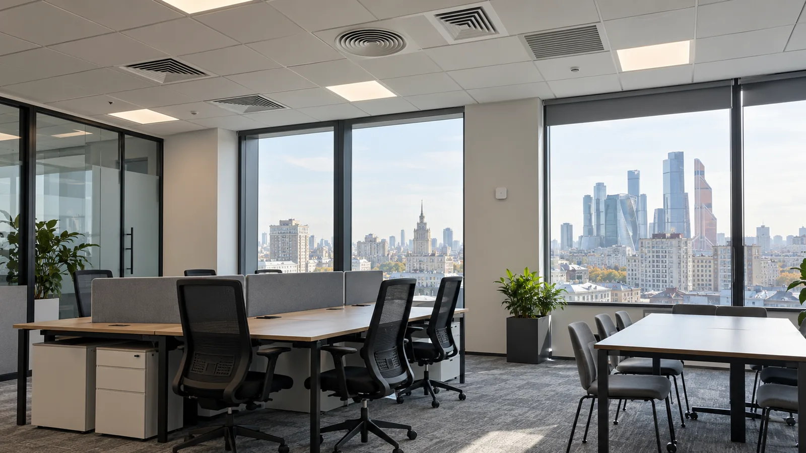 Потолочные диффузоры приточно-вытяжной вентиляции в офисном опенспейсе