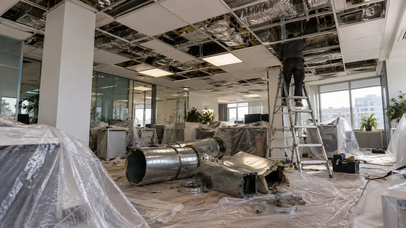 Демонтаж старых воздуховодов в офисе с защитой мебели плёнкой