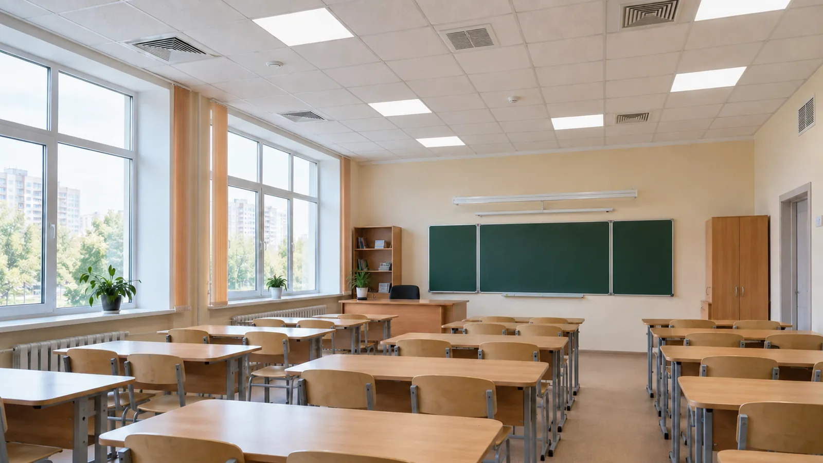 Потолочные диффузоры приточной вентиляции в школьном классе